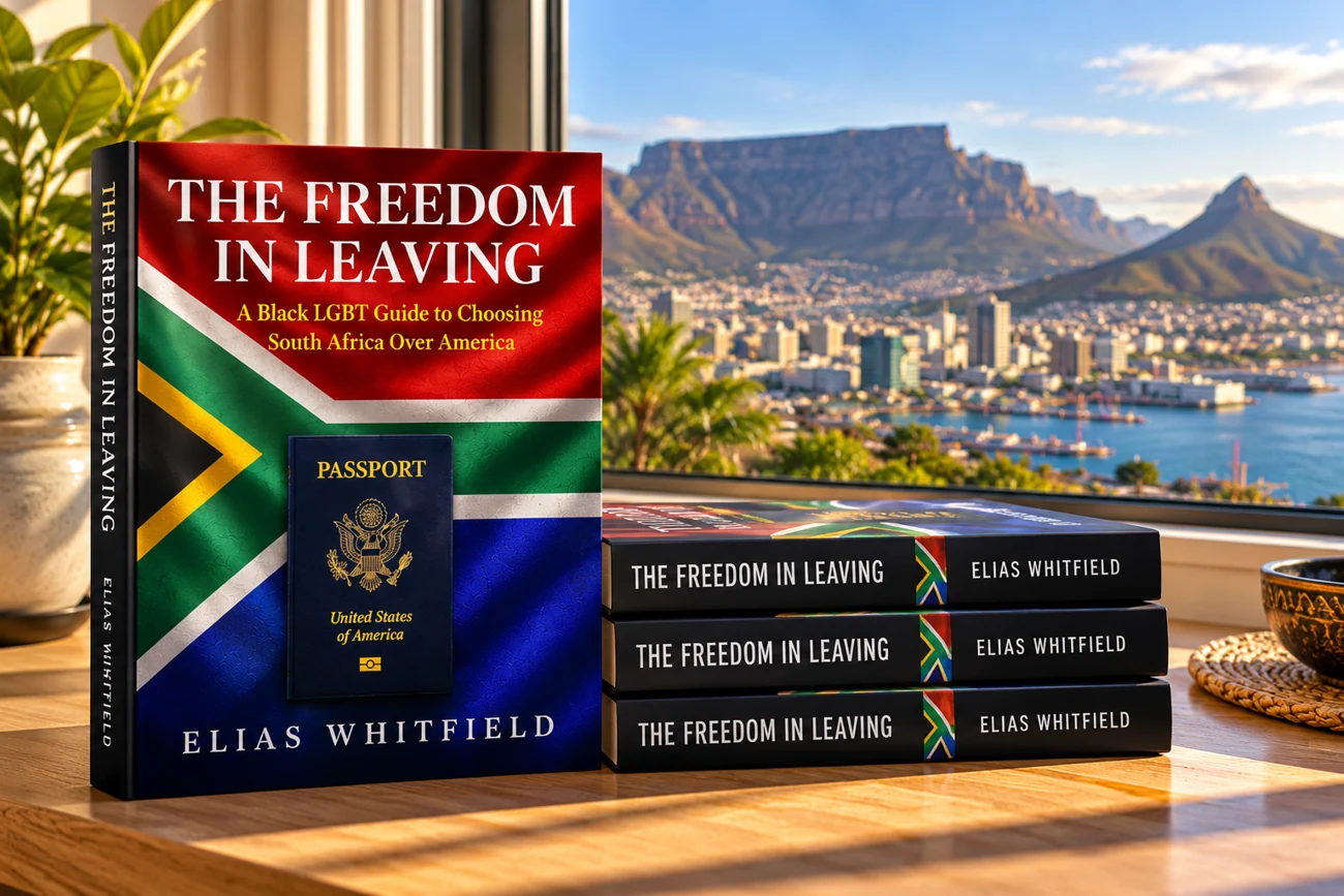 The Freedom in Leaving official South African flag and passport cover photographed with books overlooking Cape Town